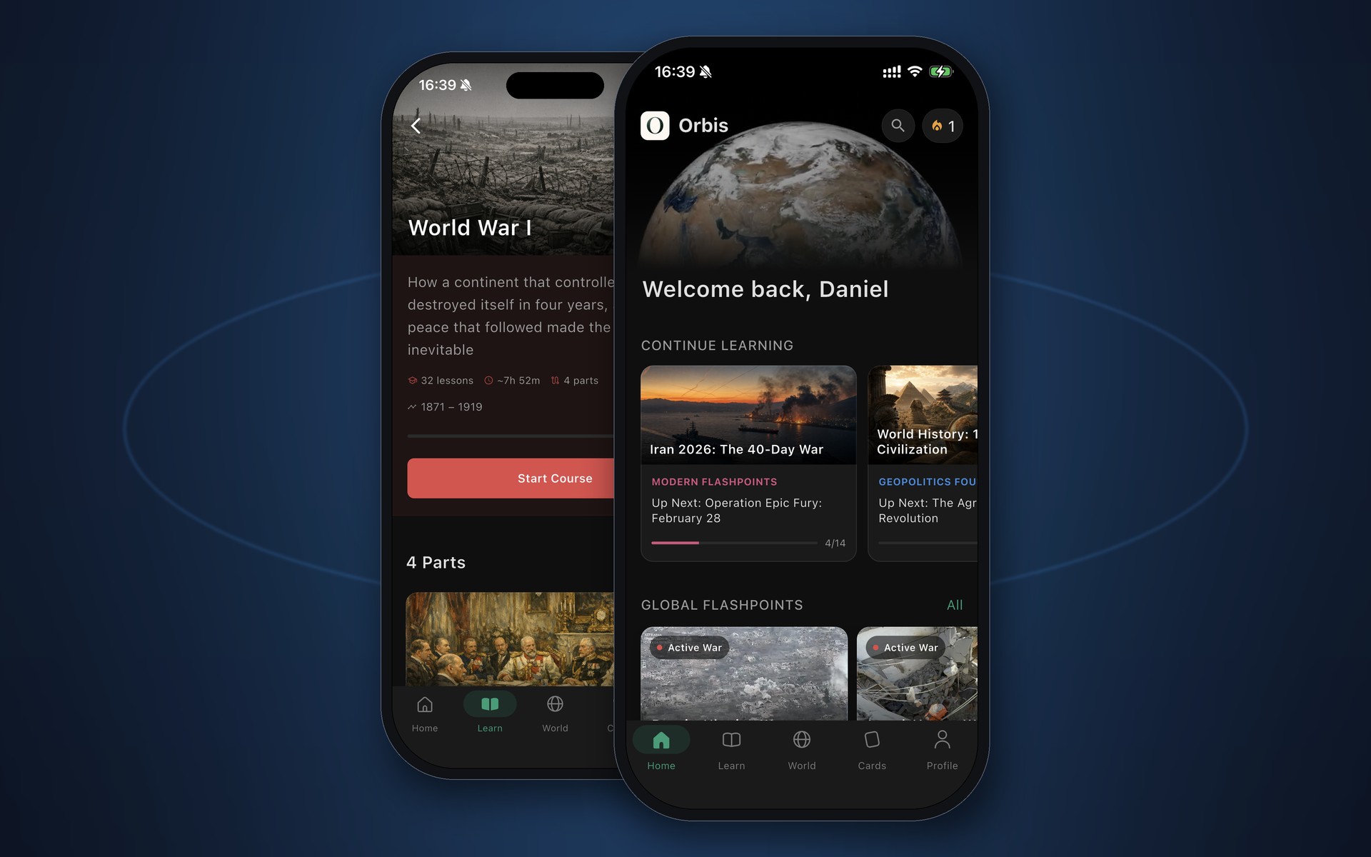 Two screens from the Orbis app: the home dashboard welcoming the user back, and a World War I course page